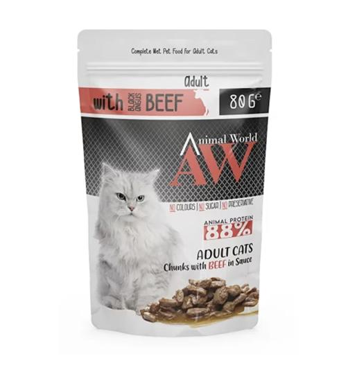 Animal World Sos İçinde Parça Sığır Etli Yetişkin Kedi Pouch Mama 80 gr