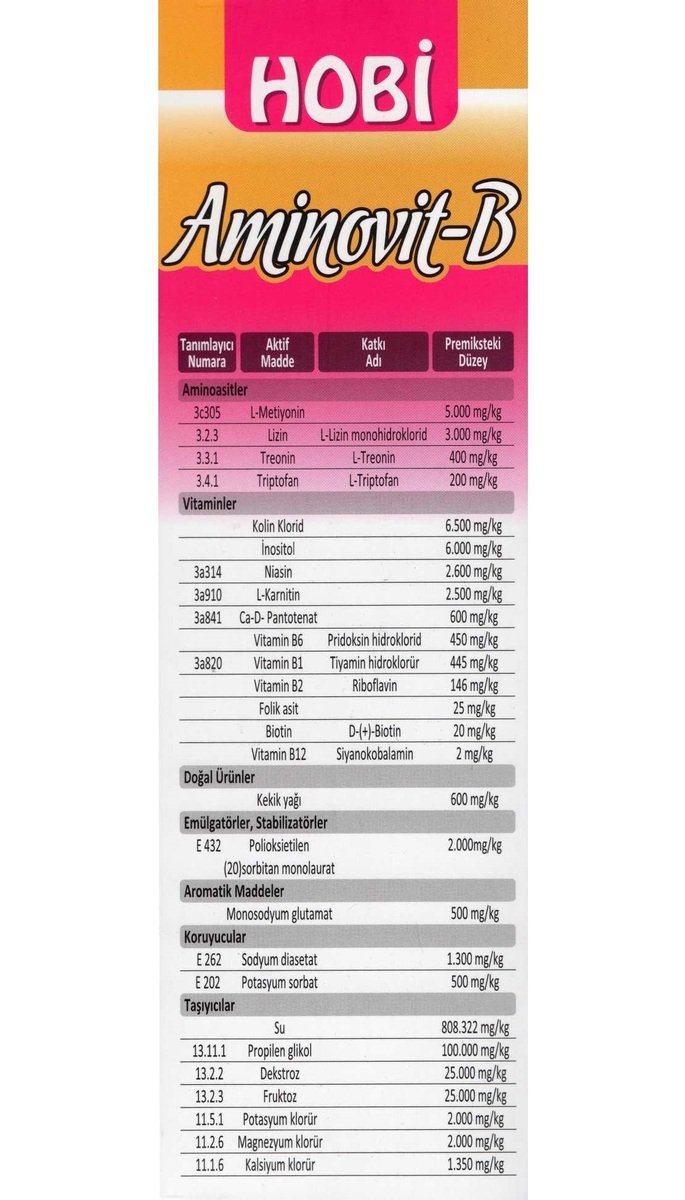 Hobi Aminovit-B Tüy Karaciğer Kas Düzenleyici Multivitamin 500ml